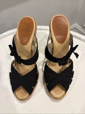 Christian Louboutin Black Crisscross Espadrille Wedge Sandals